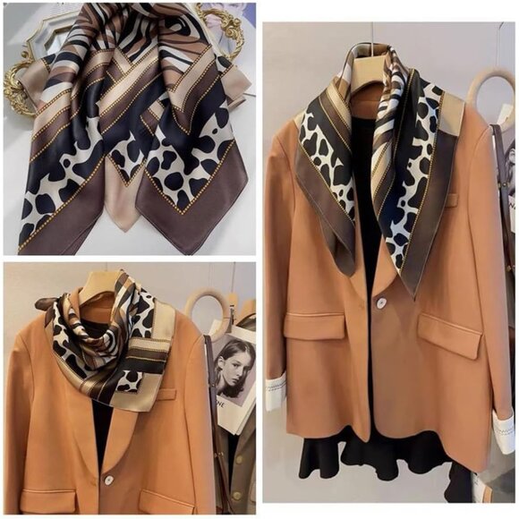 Women Brown Stripe Headscarf Satin Bandana Pattern Polyester Breathable Scarves - Picture 7 of 7